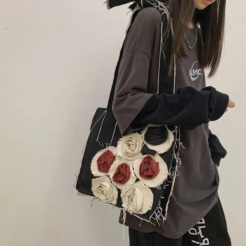 Xiuya Gothic Canvas Bags Japanese Rose Floral Goth Lolita Shoulder Tote Shopper