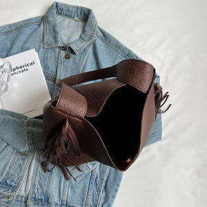 Winter 2pc Women's Tassel Shoulder Bag Solid Leather