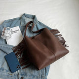 Winter 2pc Women's Tassel Shoulder Bag Solid Leather