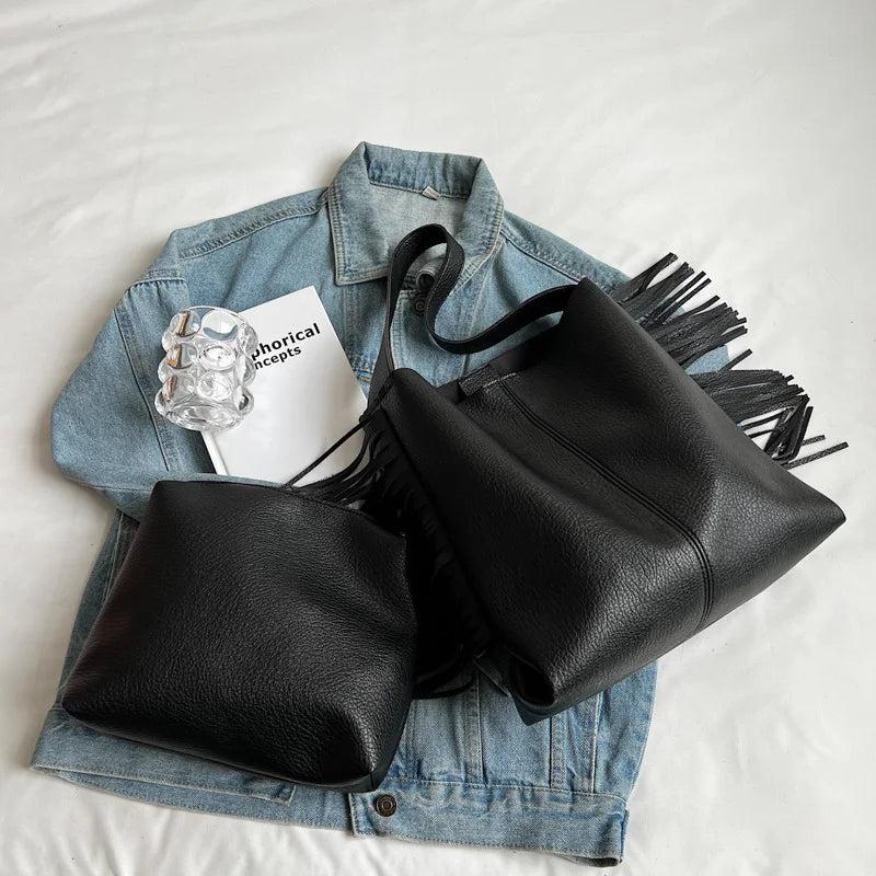 Winter 2pc Women's Tassel Shoulder Bag Solid Leather