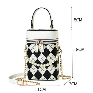 PU Leather Barrel Shoulder Bag Casual Check Zipper Crossbody Hand Bags