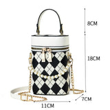 PU Leather Barrel Shoulder Bag Casual Check Zipper Crossbody Hand Bags
