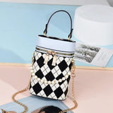 PU Leather Barrel Shoulder Bag Casual Check Zipper Crossbody Hand Bags