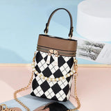 PU Leather Barrel Shoulder Bag Casual Check Zipper Crossbody Hand Bags