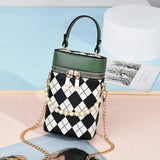 PU Leather Barrel Shoulder Bag Casual Check Zipper Crossbody Hand Bags