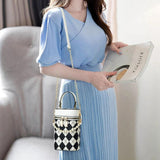 PU Leather Barrel Shoulder Bag Casual Check Zipper Crossbody Hand Bags