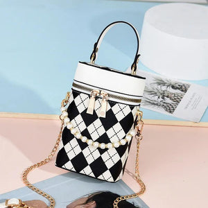 PU Leather Barrel Shoulder Bag Casual Check Zipper Crossbody Hand Bags