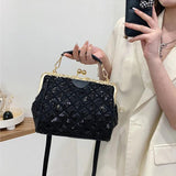 Women Diamond Lattice Sequined Shoulder Bag Top Handle Satchel