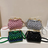 Women Diamond Lattice Sequined Shoulder Bag Top Handle Satchel