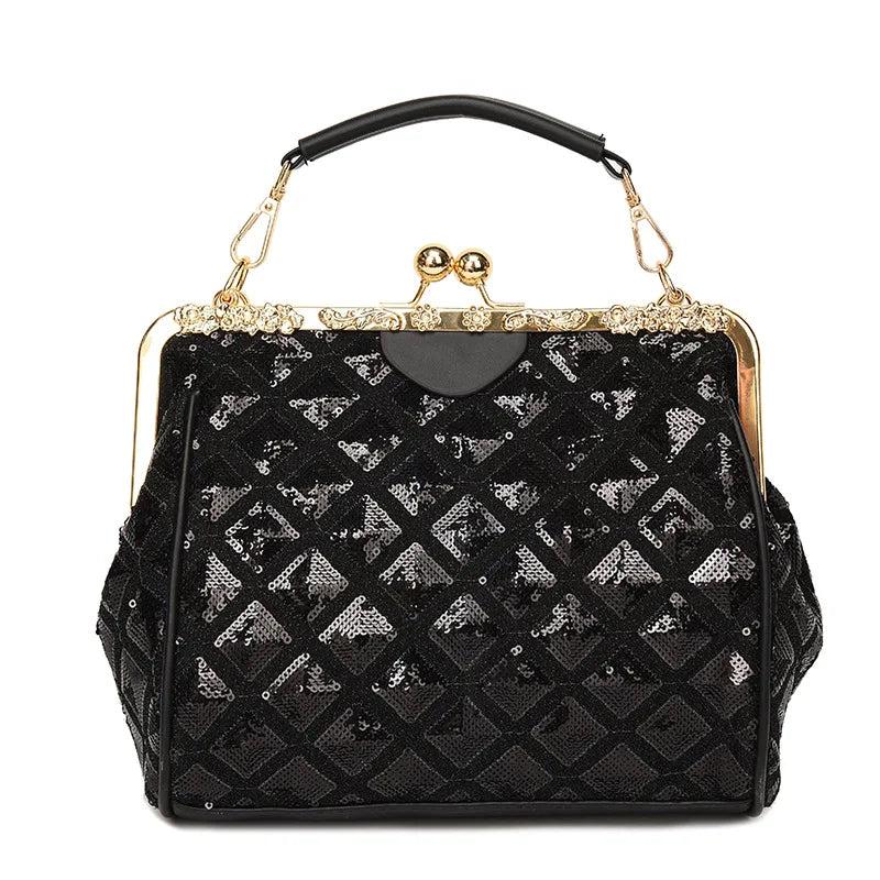 Women Diamond Lattice Sequined Shoulder Bag Top Handle Satchel
