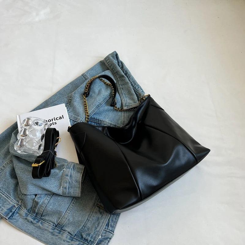 Solid Leather Ladies Large Bag Zipper Shopping Bag