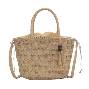Straw Bucket Bag Summer Weave Beach Basket Top Handle Tassel