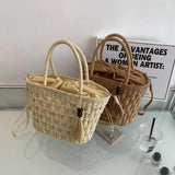 Straw Bucket Bag Summer Weave Beach Basket Top Handle Tassel