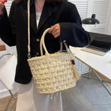Straw Bucket Bag Summer Weave Beach Basket Top Handle Tassel