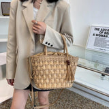 Straw Bucket Bag Summer Weave Beach Basket Top Handle Tassel
