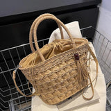 Straw Bucket Bag Summer Weave Beach Basket Top Handle Tassel