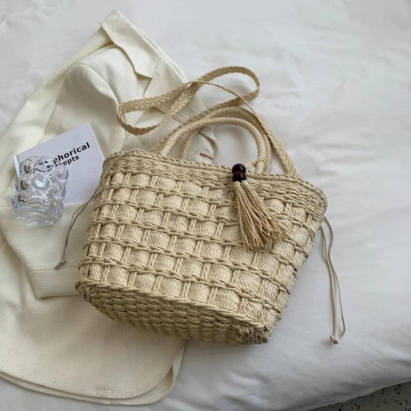 Straw Bucket Bag Summer Weave Beach Basket Top Handle Tassel