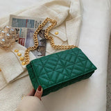 Green Quilted Tote Bag Metal Chain Shoulder Handbag Embroidery Women's Bag