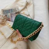 Green Quilted Tote Bag Metal Chain Shoulder Handbag Embroidery Women's Bag