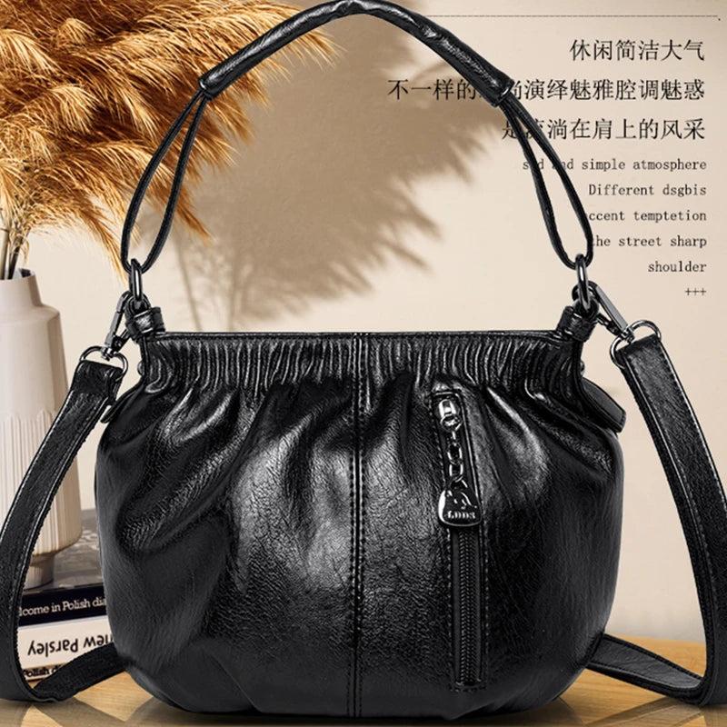 Soft Leather Crossbody Bag Classic Handbag Lady Casual Retro Bucket