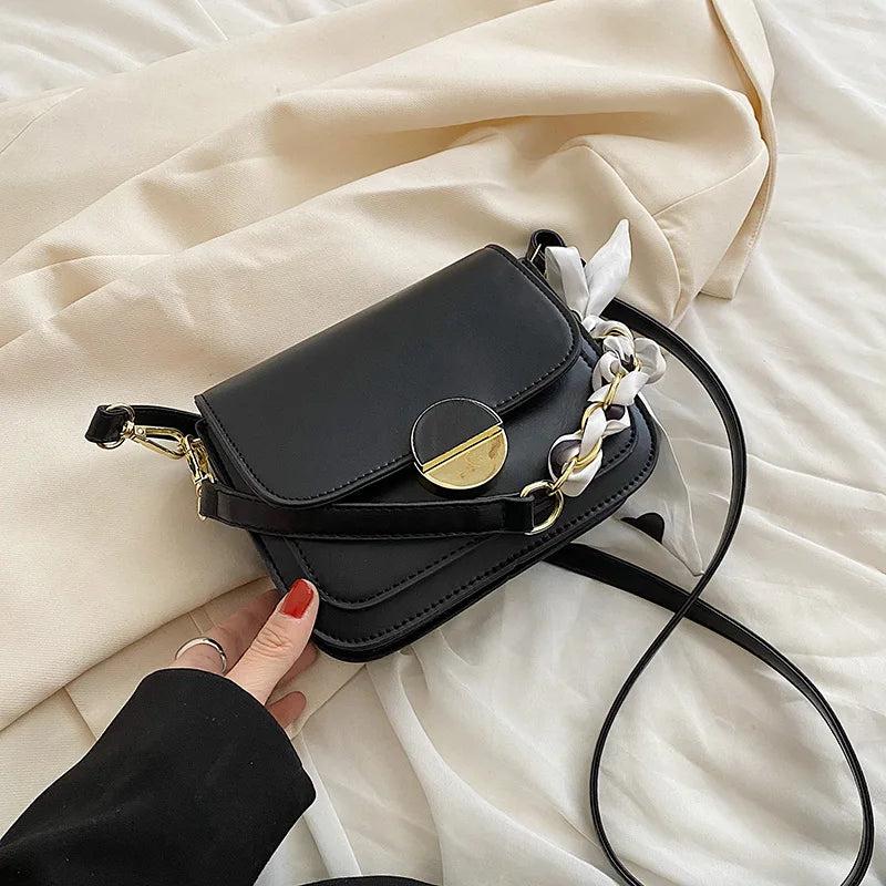 Square Leather Crossbody Bag with Silk Scarf Decoration