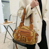 High Washed PU Leather Handbag Large Capacity Shoulder Bag Purse
