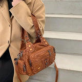 High Washed PU Leather Handbag Large Capacity Shoulder Bag Purse