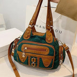 High Washed PU Leather Handbag Large Capacity Shoulder Bag Purse