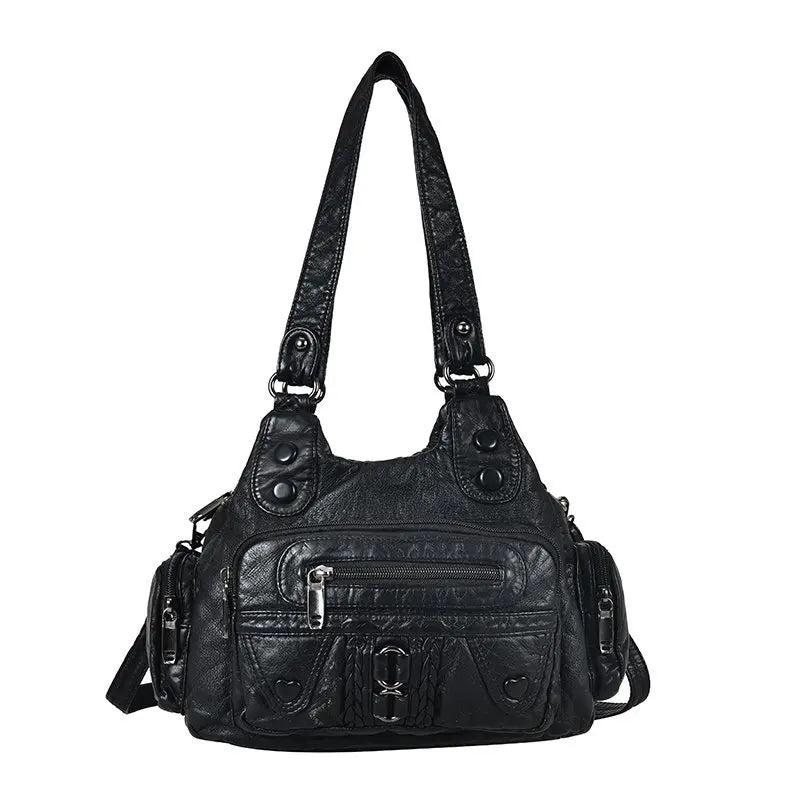 High Washed PU Leather Handbag Large Capacity Shoulder Bag Purse