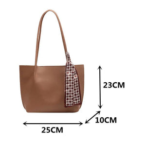 Female Soft Leather Tote Bag with Silk Scarf Shoulder Bag
