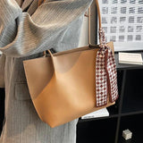 Female Soft Leather Tote Bag with Silk Scarf Shoulder Bag