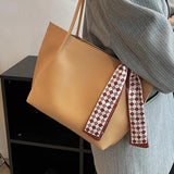 Female Soft Leather Tote Bag with Silk Scarf Shoulder Bag