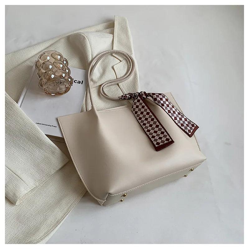 Female Soft Leather Tote Bag with Silk Scarf Shoulder Bag