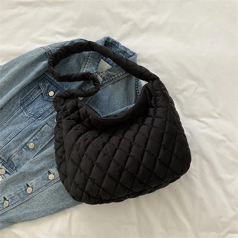 Lattice Pattern Shoulder Bag Space Cotton Handbags Women Large Capacity Tote Bag