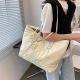 Lattice Large Tote Handbag Green Winter Nylon Women Shoulder Bag