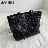 Lattice Large Tote Handbag Green Winter Nylon Women Shoulder Bag