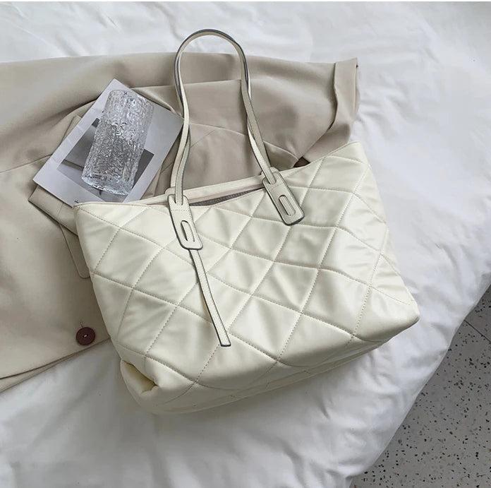 Lattice Large Tote Handbag Green Winter Nylon Women Shoulder Bag