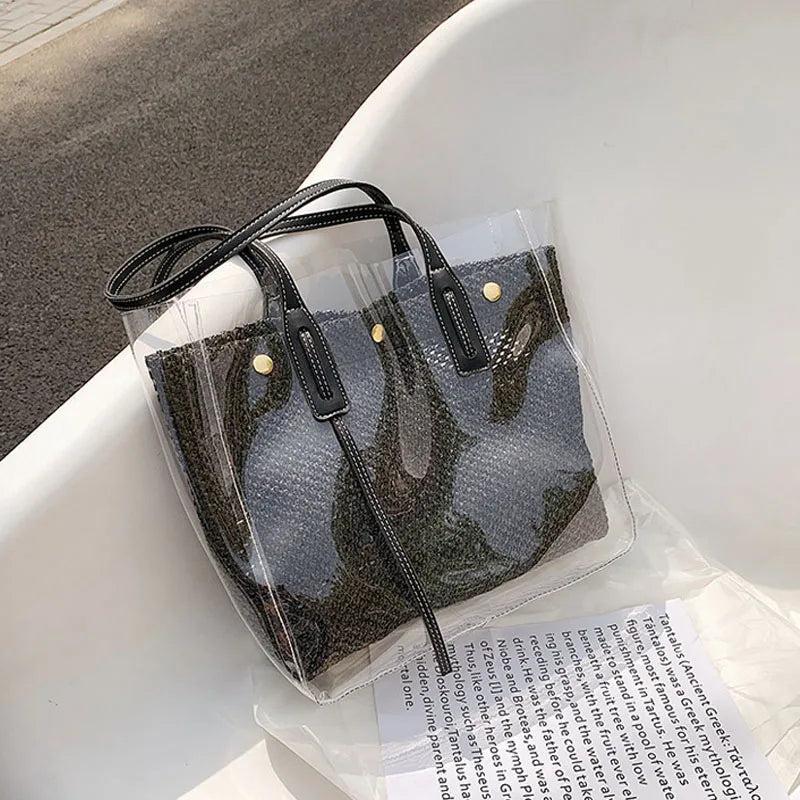 High Capacity Tote Bag Women's Jelly Bags Transparent Straw PVC Shoulder Bags