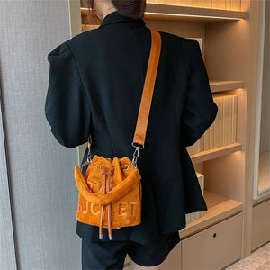 Plush Letter Shoulder Bag Soft Handle Bucket Bag