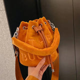 Plush Letter Shoulder Bag Soft Handle Bucket Bag
