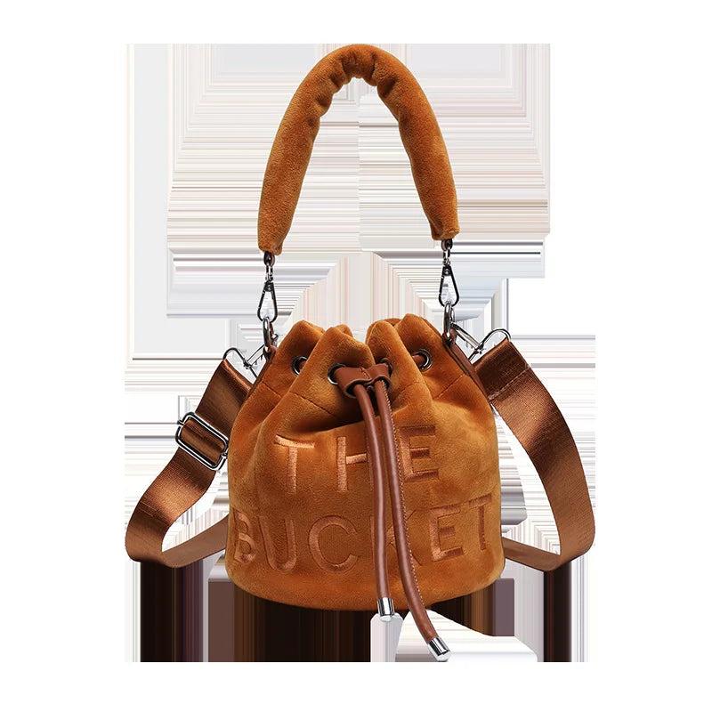 Plush Letter Shoulder Bag Soft Handle Bucket Bag