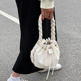 Solid Drawstring Handbags for Women Leather Shoulder Bag Candy Colors Hobo