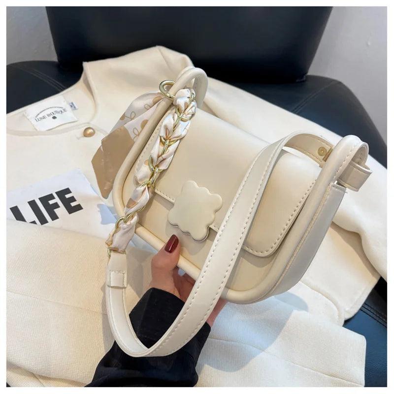 Soft Leather Crossbody Bag with Silk Scarf Women's Shoulder Bag