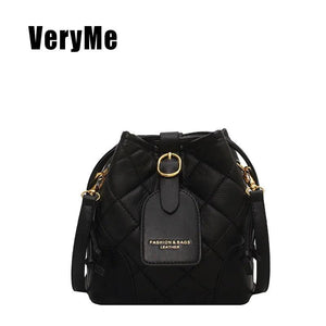 Winter PU Leather All-match Shoulder Bag Messenger Bag Drawstring Bucket Bag