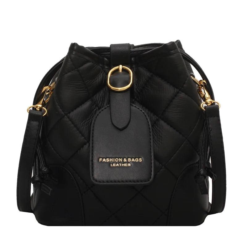 Winter PU Leather All-match Shoulder Bag Messenger Bag Drawstring Bucket Bag