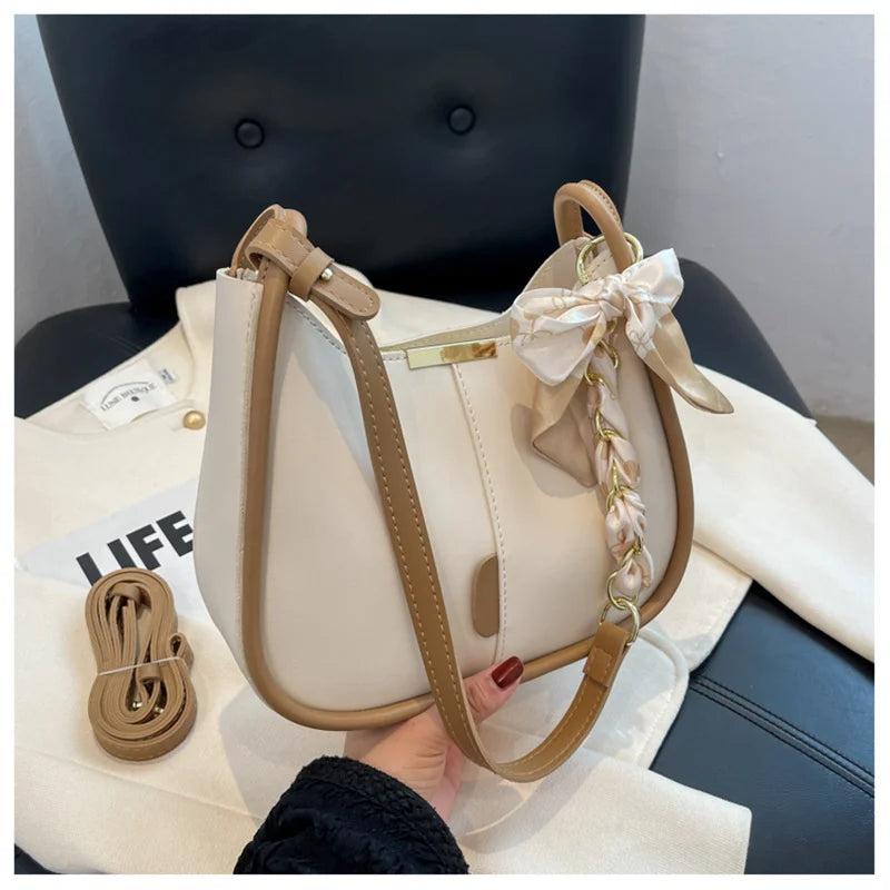 Women's Leather Chain Crossbody Bag Silk Scarf Handbag