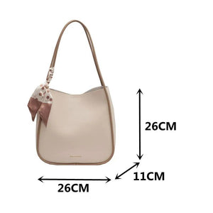 Female Stylish Soft Leather Tote Bag with Silk Scarf Decoration