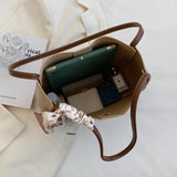 Female Stylish Soft Leather Tote Bag with Silk Scarf Decoration