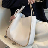 Female Stylish Soft Leather Tote Bag with Silk Scarf Decoration