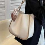 Female Stylish Soft Leather Tote Bag with Silk Scarf Decoration